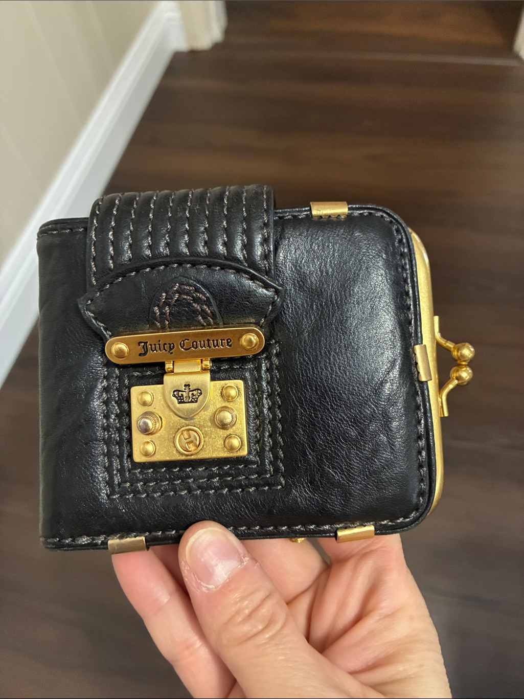 Y2k Juicy Couture Black Leather Mini Wallet With Gold Hardware Vintage Rare